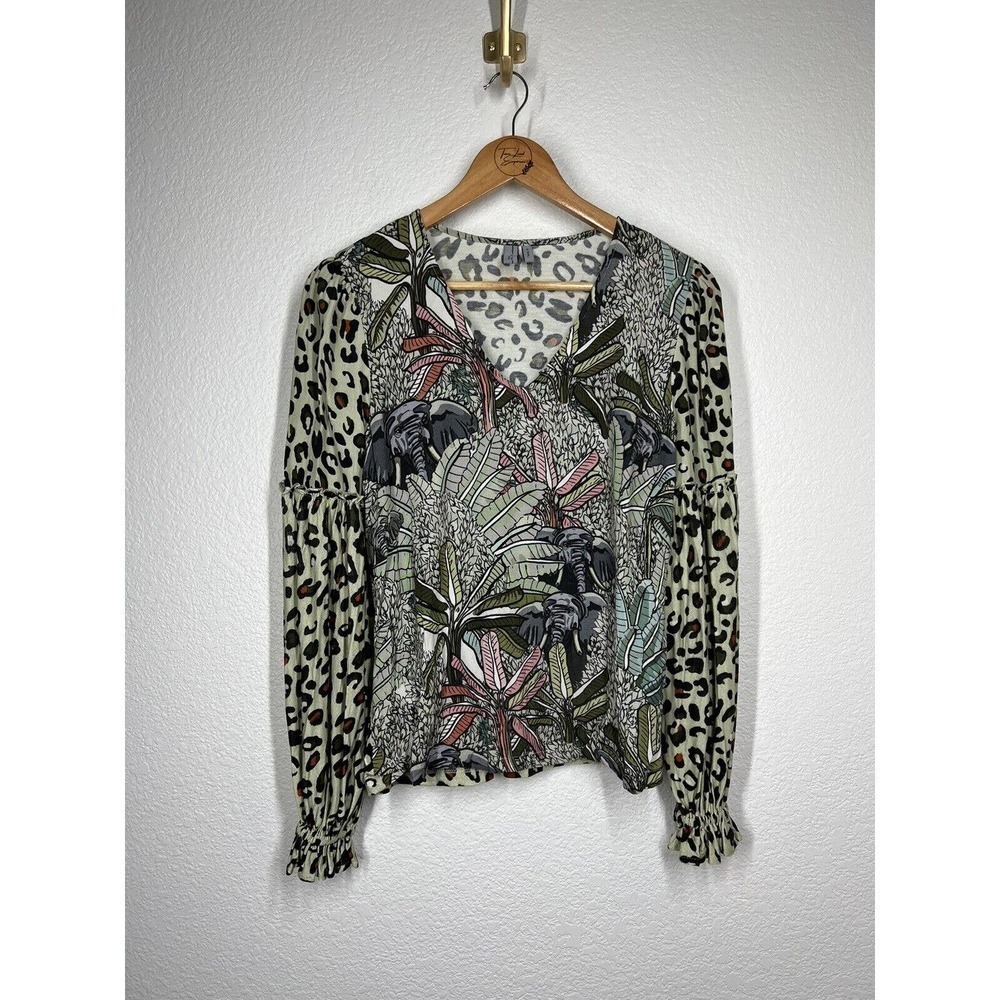 Anthropologie Blank London XS Sibley Elephant Top Animal Print Balloon Sleeve